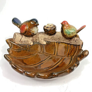Ceramic Bird Bath large Leaf Plate Majolica Style Glazed Bird feeder dish tray